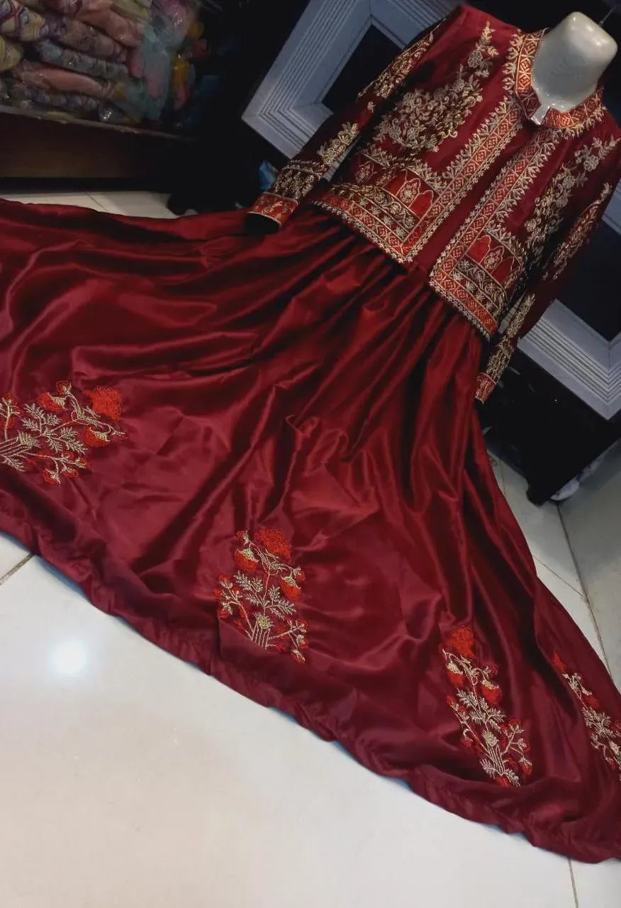 Maroon Embroidered Shamoz Silk Maxi & Jacket Set for Eid
