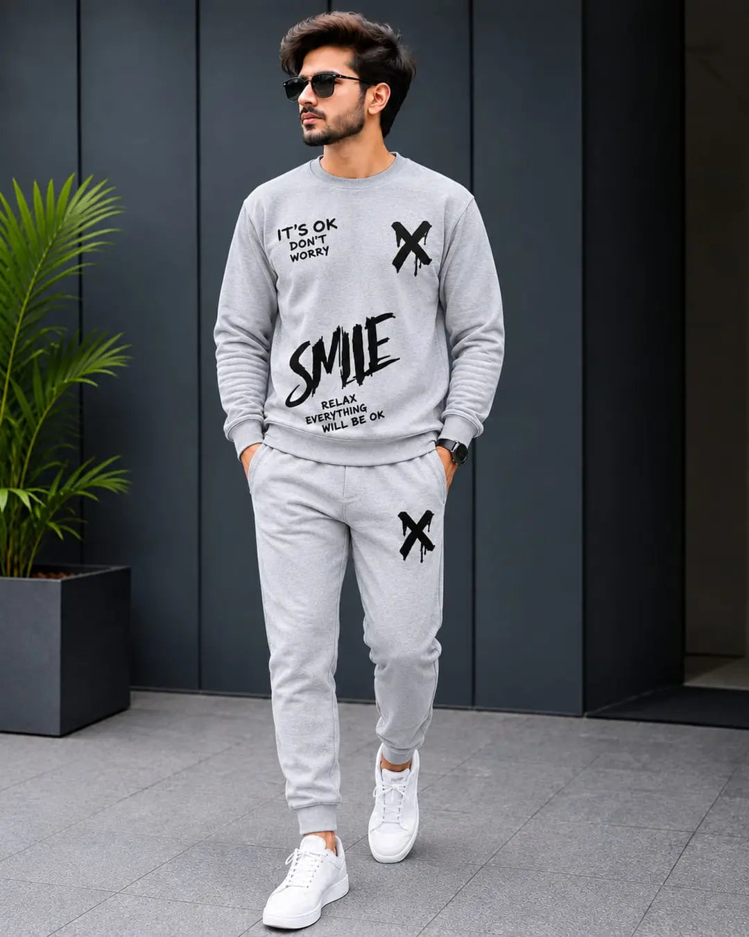 2 Pcs Men's Fleece Printed Sweatshirt Track Suit