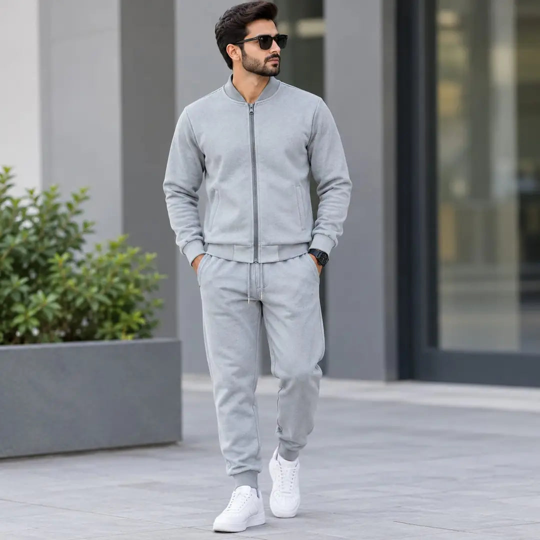 2 Pcs Men's Fleece Plain Zipper Track Suit