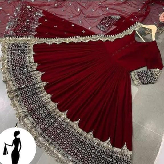 Maroon Chiffon Sequins Embroidered 3 Pcs Maxi Suit Party Wear