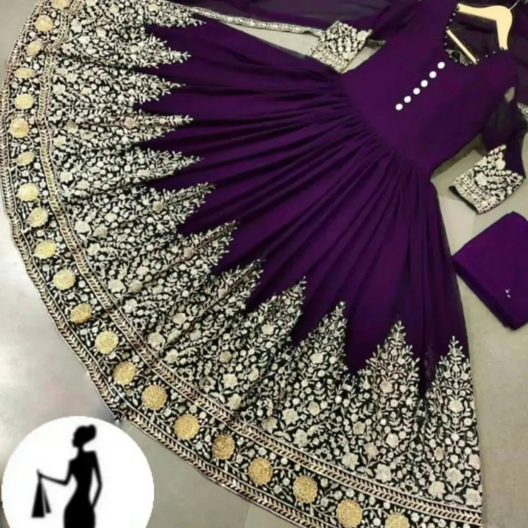 Purple Chiffon Embroidered Maxi Suit 3Pcs Eid Festive