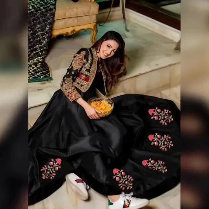 Black Shamoz Silk Maxi & Jacket Set for Eid Party Wear