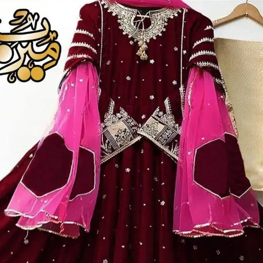 Merab Collection Maroon Pink Embroidered 3-Piece Skirt Set