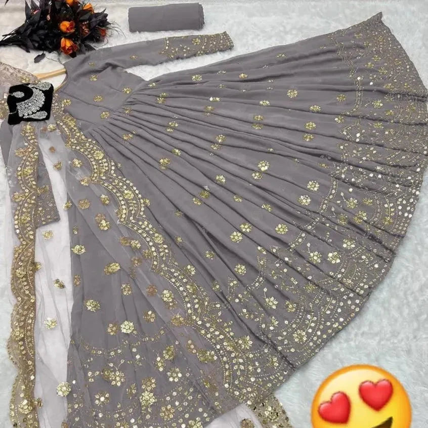 Grey Shamoz Silk Maxi Set with Gold Embroidery for Women