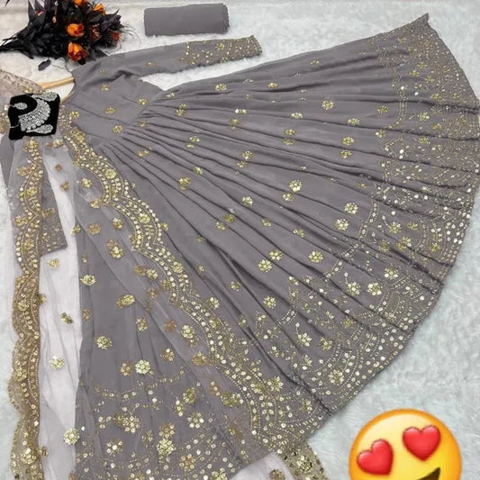 Grey Shamoz Silk Maxi Set with Gold Embroidery for Women