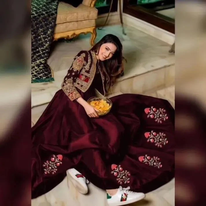 Maroon Embroidered Shamoz Silk Maxi & Jacket Set for Eid