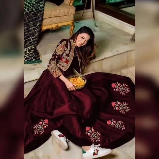 Maroon Embroidered Shamoz Silk Maxi & Jacket Set for Eid