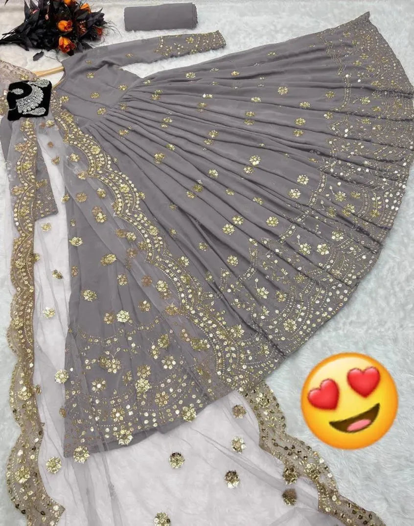 Grey Shamoz Silk Maxi Set with Gold Embroidery for Women