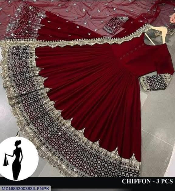 Maroon Chiffon Sequins Embroidered 3 Pcs Maxi Suit Party Wear
