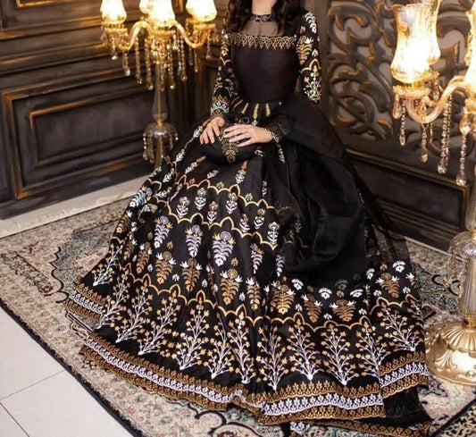 Black Block Printed Maxi Suit 3 Pcs Set with Dupatta