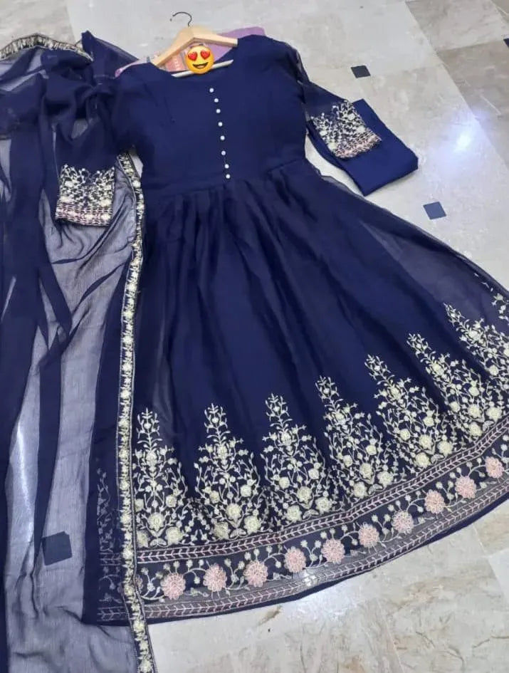 Purple Chiffon Embroidered Maxi Suit 3Pcs Eid Festive