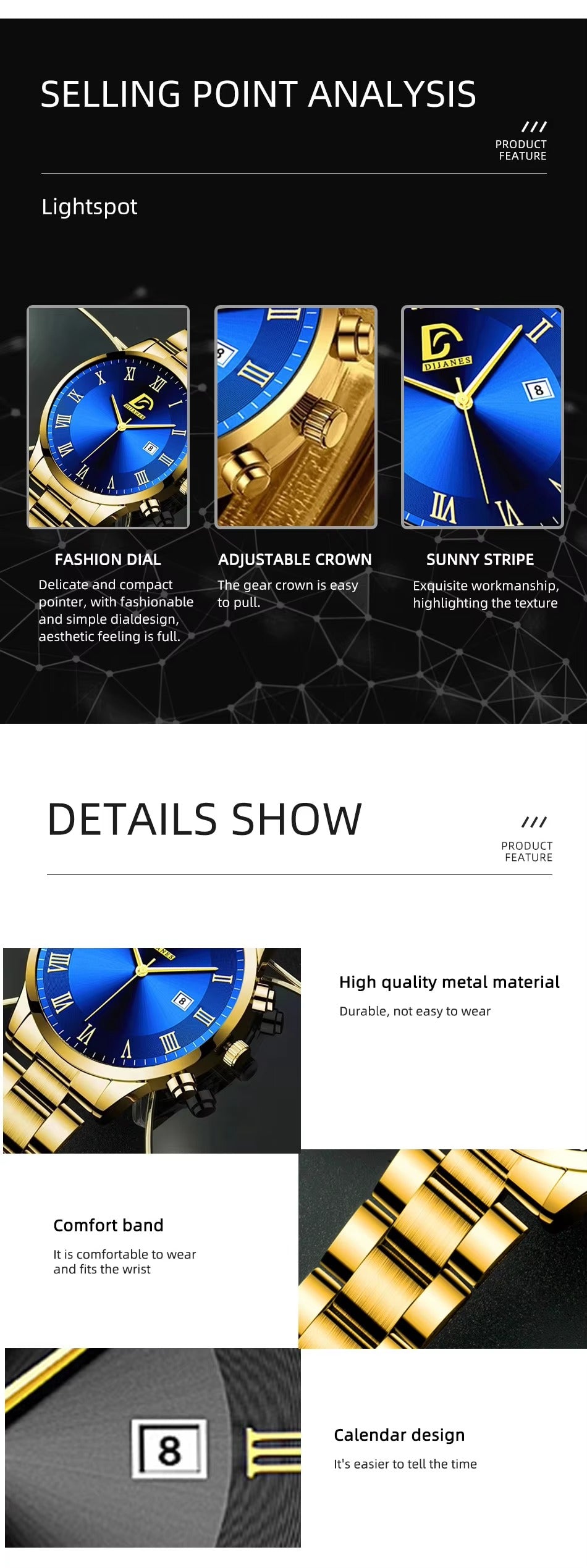Fashion Mens Gold Watches Luxury
